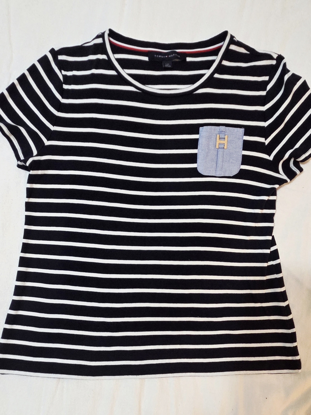 Tommy Hilfiger Black & White Striped Tee with Light Blue Pocket